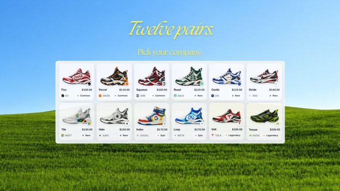 The image displays a "Twelve pairs - Pick your company" menu interface set against a bright blue sky and green grass background, showcasing 12 different sneaker designs paired with real companies and stock tickers—including NIKE/HD, ANTA/Common, DIDI/Common, SBUX/Rare, GS/Rare, EDU/Rare, MSFT/Rare, AAPL/Rare, GOOGL/are, MSTR/Spe, TSLA/Legendary, and NVDA/Legendary—each priced between $100 and $300, visually representing how users can pick a sneaker corresponding to a real-world stock to earn through Wandr's move-to-earn RWA platform.