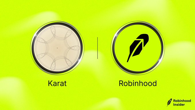 A comparison graphic on a bright green background showing two circular logos side by side: 'Karat' on the left with a geometric pattern, and 'Robinhood' on the right with a feather icon, branded with 'Robinhood Insider'.