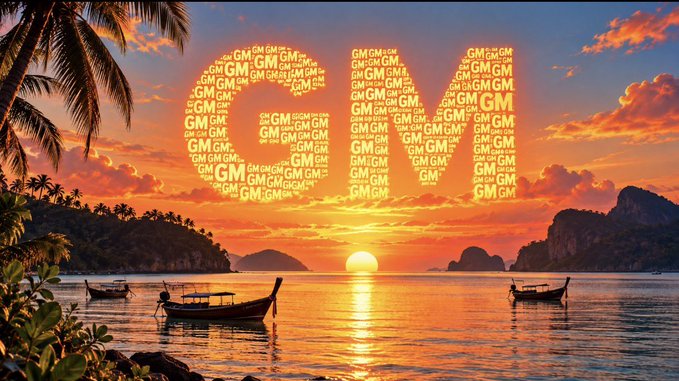 A tropical sunset over the ocean features the text "GM" repeated in the sky, reflecting the post's endless string of "GM" messages. Traditional longtail boats float on calm waters beneath silhouettes of palm trees and distant islands, with the glowing sun serving as a peaceful backdrop to the bullish crypto greeting.