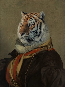 A surreal classical-style portrait of a tiger's head on a human body wearing an ornate ruffled collar and dark historical garment.