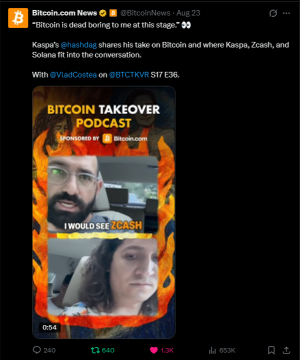 The image shows a Bitcoin News Now tweet from August 23 announcing that Bitcoin is dead "for the 61st time," featuring a Bitcoin Takeover Podcast clip titled "I WOULD SEE ZCASH" with speakers discussing Kaspa's (@kaspaunchained) views on Bitcoin and where Kaspa, Zcash, and Solana fit into the conversation, with BTC trading at $61,360 and ETH at $2,516. The post's reference to Kaspa moving from rural to urban areas aligns with the podcast's discussion of Kaspa's positioning in the crypto landscape alongside major players like Bitcoin and Ethereum.