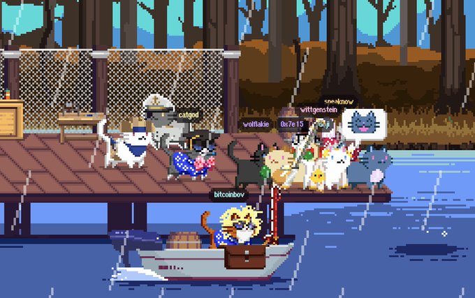 A pixel art scene showing multiple cats with usernames like 'catgod', 'witgenstein', 'meaknov', 'roflkakc', and 'bitcoinbov' standing on a wooden dock in the rain, with one cat in a blue robe in a boat below.