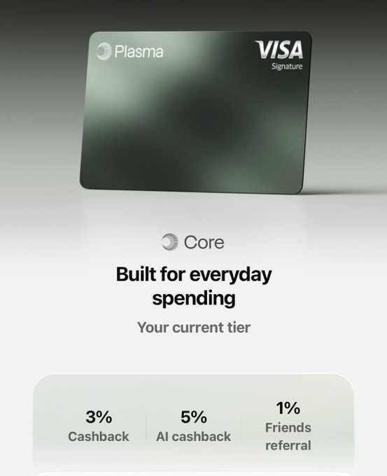 A promotional image for a Plasma Visa Signature card on the 'Core' tier, advertised as 'Built for everyday spending' with 3% cashback, 5% AI cashback, and 1% friends referral.