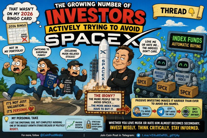 A satirical cartoon titled 'The Growing Number of Investors Actively Trying to Avoid SpaceX,' depicting frustrated investors trying to sidestep Elon Musk, with a note that index funds automatically buy SPXC regardless.