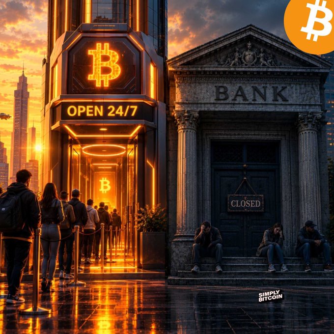 A split-image contrasting a glowing, futuristic Bitcoin exchange open 24/7 with crowds lining up, against a traditional closed bank with people sitting dejectedly on its steps, watermarked "SIMPLY BITCOIN".