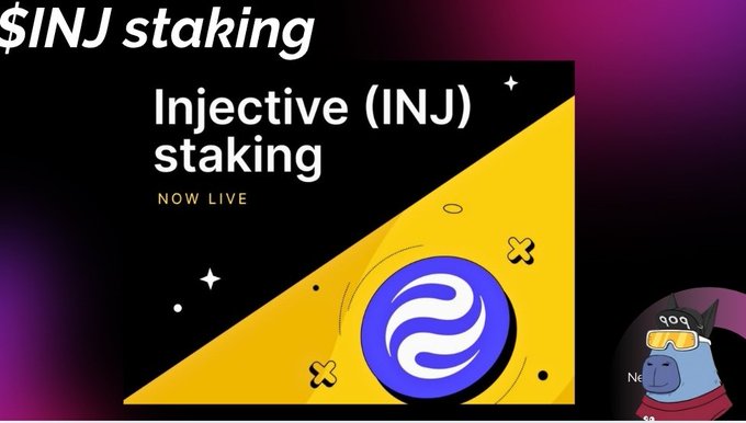 The image features an advertisement with a cartoon character wearing goggles, likely a dog or a cat, standing next to a yellow triangle that says "Inj(u) staking" at the top of it. The text below the triangle reads "Inj(u) staking", which is related to the concept of staking in cryptocurrency trading. The image also includes a link to a post about Inj(u) staking, and there are several stars scattered around the image.