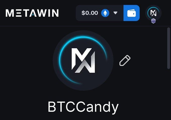 Screenshot of MetaWin gaming platform showing a $0.00 balance and a BTCCandy game icon with edit option.