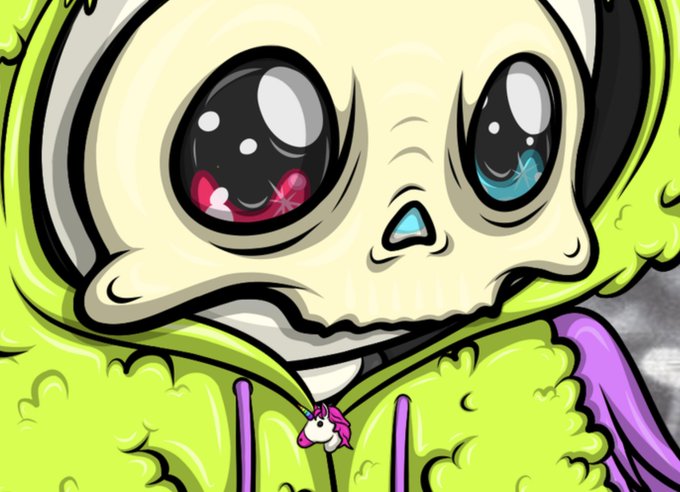 A cartoon-style illustration of a character with an oversized head, large glossy eyes, and a fluffy green and purple hooded jacket.
