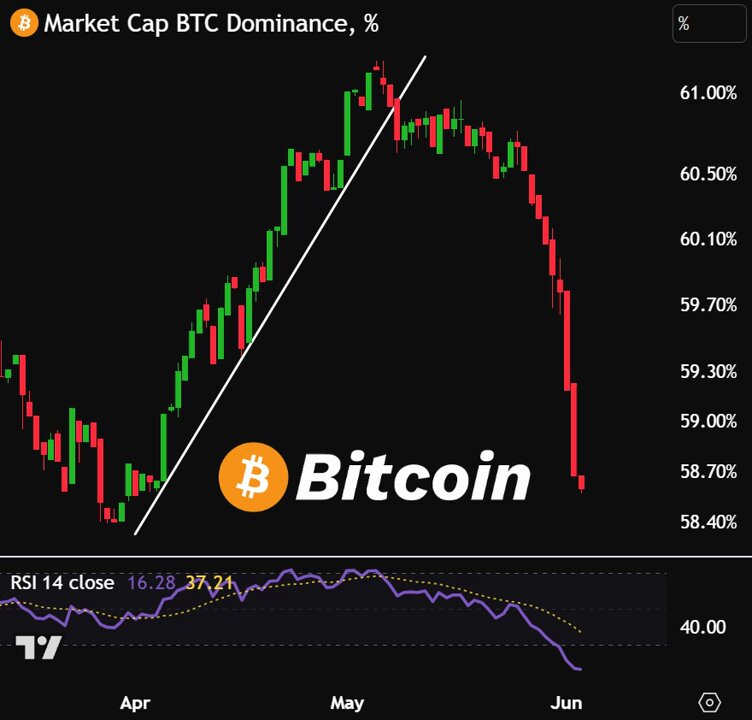 The image shows an analysis of Bitcoin's dominance within a currency exchange market during the past two months. It displays the daily change and price movements of Bitcoin against other exchanges, indicating that Bitcoin is currently leading the market, with altcoins losing ground. This is evidenced by the declining prices of these altcoins over time. Currently, Bitcoin holds the position as the dominant currency in this particular analysis, whereas altcoins are seen as the ones being consumed or absorbed into the system at a faster pace. The chart also displays how much money has been funneled into Bitcoins during those two months, reflecting its dominance in the market.