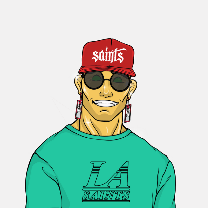 A cartoon illustration of a person with yellow skin wearing a red 'saints' cap, dark round sunglasses, dangling earrings, and a green LA sweatshirt with 'SAINTS' written on it.