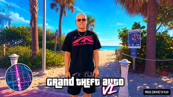 A gamer stands on a sunny beach boardwalk in a black "NEELLSTAR" shirt with "Grand theft auto VI" and "PRESS [ENTER] TO PLAY" displayed, paired with a mini-map, evoking the post's message of devoted players "staying locked in" even during quiet moments before the game's release.