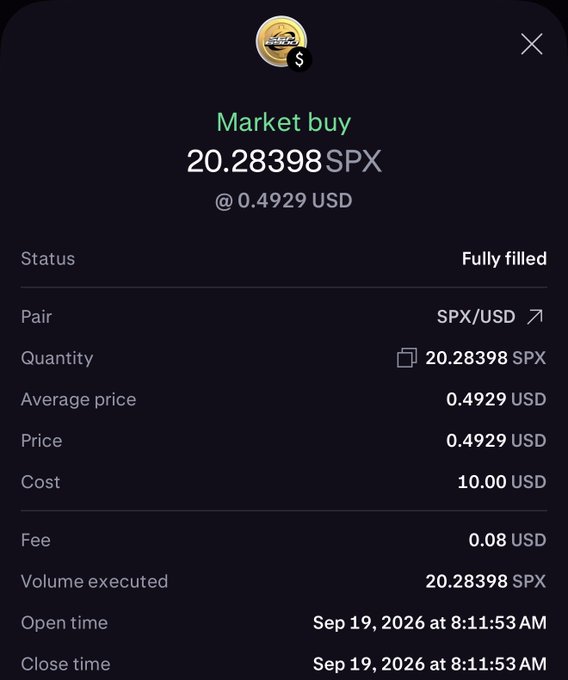 A crypto exchange confirmation screen for a 'Market buy' of 20.28398 SPX at 0.4929 USD, with the transaction fully filled on Sep 19, 2026.