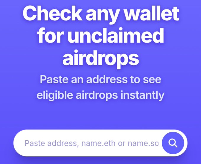 Purple promotional graphic reading "Check any wallet for unclaimed airdrops - Paste an address to see eligible airdrops instantly" with a search input field for wallet addresses.