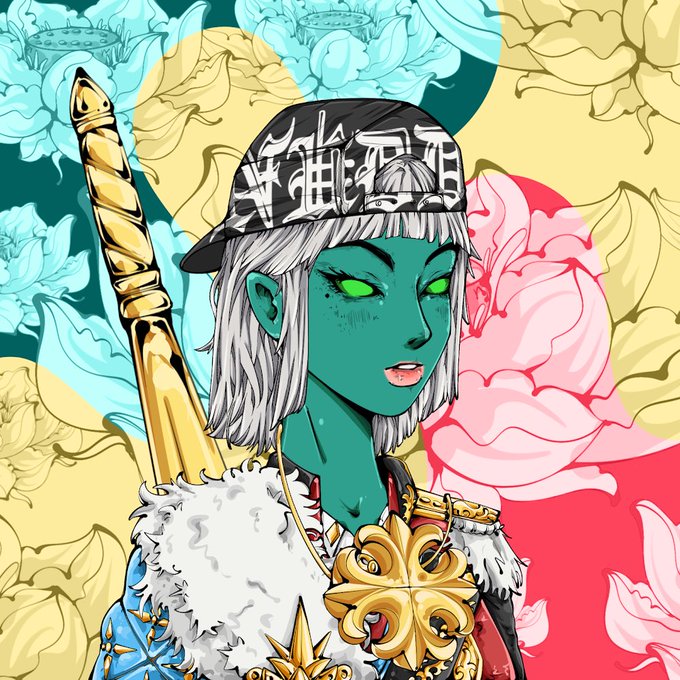 A digital illustration of a green-skinned elf-like character with silver hair, glowing green eyes, wearing a black cap with white text and an ornate fur-trimmed outfit, set against a background of flowers.