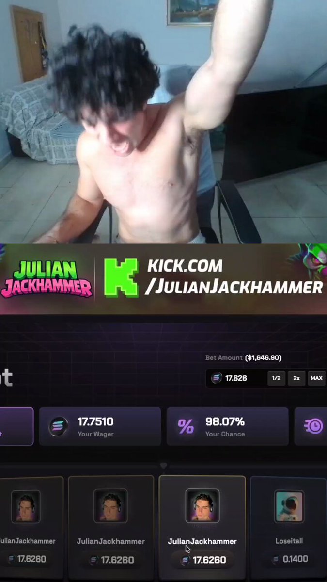 The image features a smartphone screen displaying a screenshot of a social media app called "Kicking Jackhammer". The title of the app, "Kicking Jackhammer", is visible at the top center of the image. The image also includes several other images related to the app's gameplay and prizes. At the bottom of the screen, there are two pictures featuring men with their arms raised in celebration, likely after winning a jackpot or achieving something significant within the game.