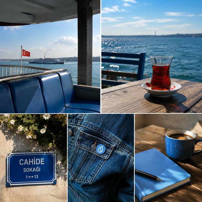 A four-panel collage showing views from a ferry with a Turkish flag, a glass of Turkish tea on a waterfront table, a blue street sign reading 'CAHİDE SOKAĞI 1↔13', and a denim pocket with a blue teardrop logo pin.