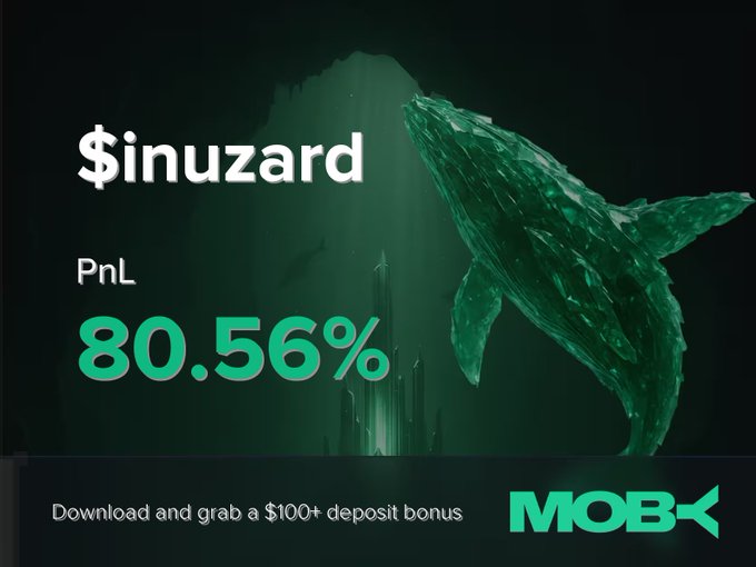 A Moby Mobile "Win Alert" graphic showcases trader "$inuzard" with a standout PnL of 80.56% in bright green text, featuring a green whale emerging from dark underwater imagery alongside a $100+ deposit bonus promo and the Moby logo.