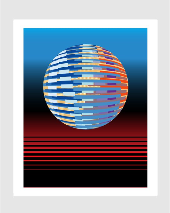 A digital illustration of a sphere patterned with various blue, white, and orange rectangular blocks, set against a split blue and black background with red horizontal stripes.