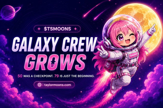 Anime-style promotional graphic titled '$TSMOONS GALAXY CREW GROWS' featuring a pink-haired astronaut girl pointing toward a moon, noting '50 WAS A CHECKPOINT. 79 IS JUST THE BEGINNING.'