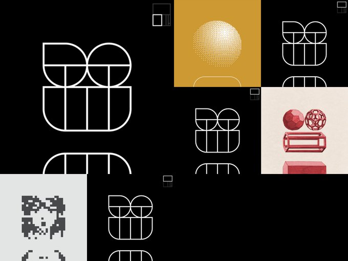An abstract black graphic with white line-art logos, featuring geometric shapes, a pixelated design, and a gold sphere, along with a small 3D rendering of red and pink objects.