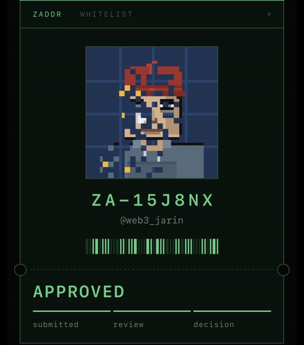 A pixel art whitelist approval card displays the ID 'ZA-15J8NX', username '@web3_jarin', and status 'APPROVED' with a barcode.