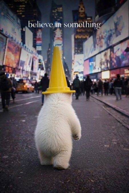 A white furry creature stands on a bustling city street wearing a yellow traffic cone on its head, with the text "believe in something" displayed above. The image appears to be a humorous meme referencing crypto tokens like $Punch, $Jimothy, and $Momota, using the cone-wearing character to symbolize an absurd or unwavering belief in low-cap meme coins despite skepticism.