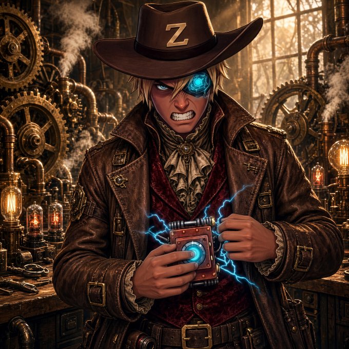 A digital illustration depicts a steampunk-style cowboy with a glowing blue eye and an angry expression, holding a sparking mechanical device in a workshop filled with gears and pipes.