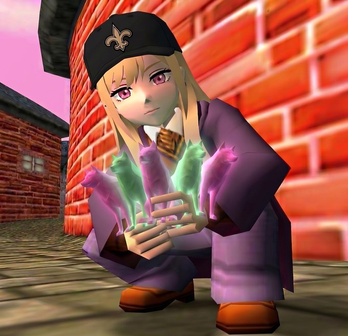 A 3D-rendered anime-style character with blonde hair and a black cap with a fleur-de-lis symbol, holding glowing green and pink wolf figurines in front of a brick wall.
