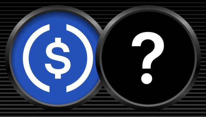A graphic showing a blue circular USDC logo next to a black circle with a white question mark against a dark ribbed background.