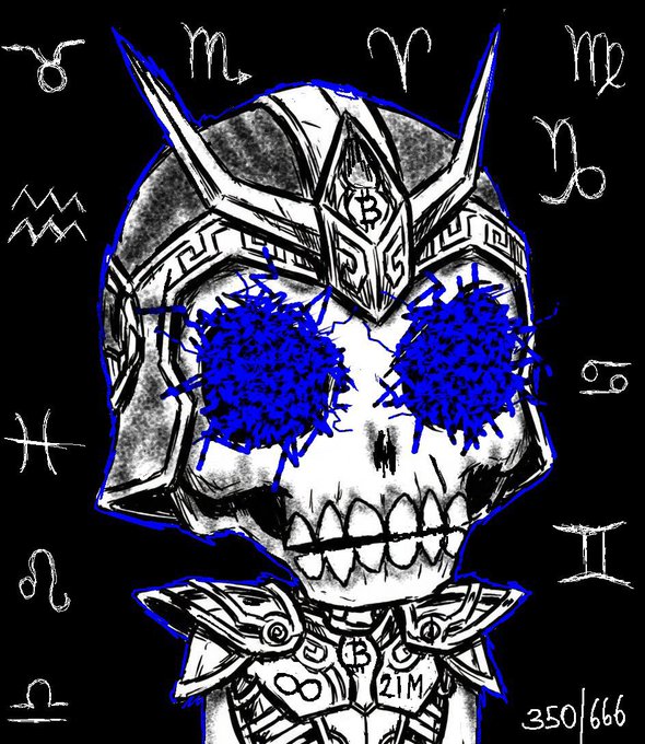 A black and white sketch of a horned skeleton warrior with blue scribbled-out eyes, surrounded by zodiac symbols and signed "350/666".
