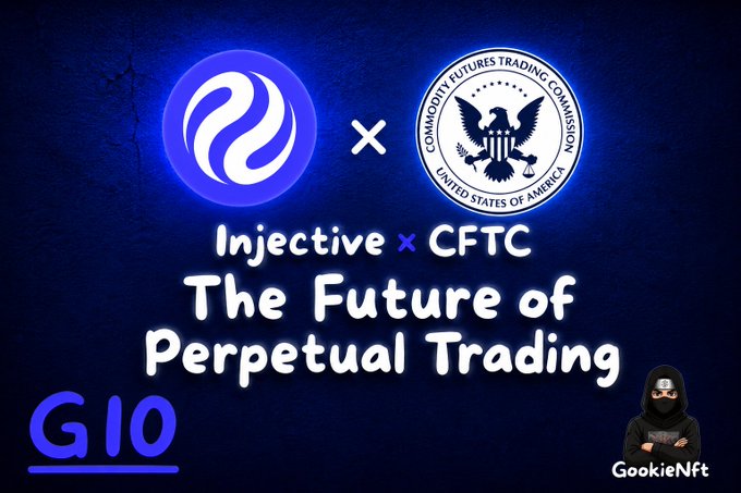 The image shows a blue background with two white logos, one representing "Injective" and the other "CFTC". The text below the logos reads "Injective x CFTC The Future of Perpetual Trading", which suggests that the companies are collaborating on a project related to the future of perpetual trading. This collaboration could potentially lead to new innovations in the crypto space, as well as increased awareness about the importance of regulatory compliance and risk management within the industry.