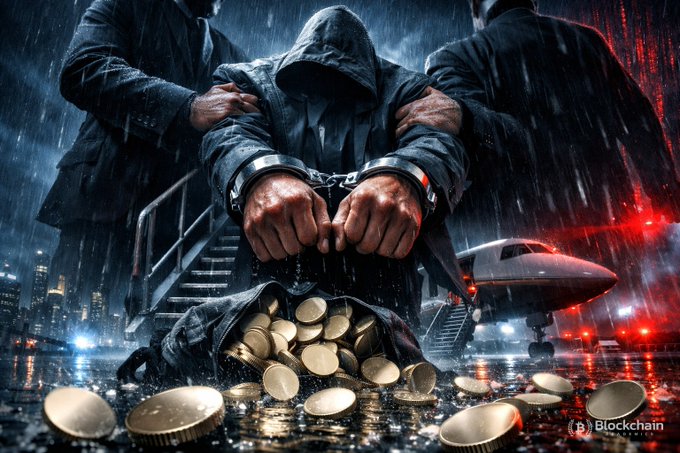 A hooded figure in handcuffs is restrained by two men in the rain, kneeling before spilled gold coins, with a private jet and city lights in the background and a 'Blockchain' logo.