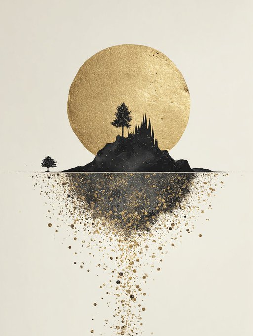 The image features an abstract art piece with a castle, trees, and mountains depicted as silhouettes against a gold background. The painting has a unique style that combines elements of realism and surrealism. The artist's signature can be seen at the bottom right corner of the artwork.