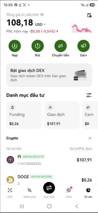 Mobile app screenshot in Vietnamese displaying an estimated total asset value of $108.18 USD, showing PNL for the day and lists of investments including Funding, Trading, and Earn categories with crypto assets like PI and DOGE.