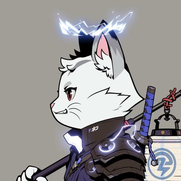 An animated profile illustration of a white feline warrior with glowing blue lightning antlers and a dark outfit, accompanied by a katana and lantern.