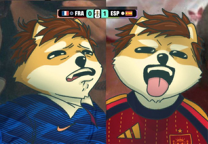 A split-screen illustration showing a crying Shiba Inu dog wearing a blue France (FRA) jersey on the left and a happy one wearing a red Spain (ESP) jersey on the right, with a scoreboard showing FRA 0 - 1 ESP.