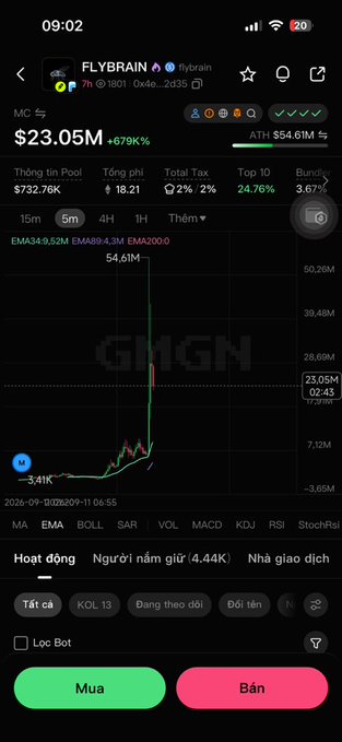 The image shows a cryptocurrency chart for the token FLYBRAIN, displaying a dramatic price spike from around $0.0396 to $23.05M, marking a staggering 67,919% increase with only a 4.44K holder base. The accompanying post's humor about wild pumping perfectly matches the visible near-vertical green price surge shown on the chart.