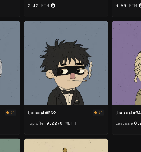 A digital NFT marketplace listing showing cartoon character art 'Unusual #662' with a top offer of 0.0076 WETH and prices of 0.40 ETH and 0.59 ETH visible.