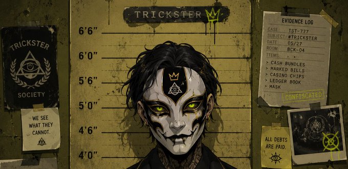 The image depicts a stylized mugshot-style illustration of a masked figure with green eyes, set against a police lineup backdrop, with a "TRICKSTER SOCIETY" emblem on the left and an evidence log on the right showing "CASE: TST-777," "SUBJECT: #TRICKSTER," and various items like "CASH BUNDLES," "MASKED BILLS," and "CASINO CHIPS" marked as "CONFISCATED," reinforcing the post's theme of the Trickster Society as a clandestine, mysterious organization.