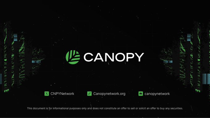 A dark promotional banner for 'CANOPY' displaying its green leaf logo and social handles CNPYNetwork, Canopynetwork.org, and canopynetwork, with a disclaimer that it's not a securities offering.