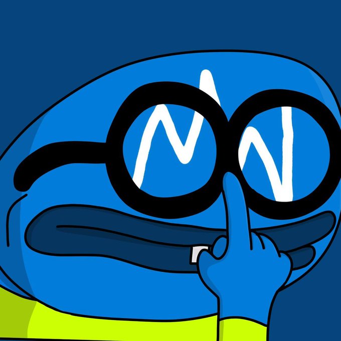 A cartoon blue character wearing oversized black glasses with squinting eyes covering the lenses, holding a finger up to its mouth in a 'shushing' gesture.