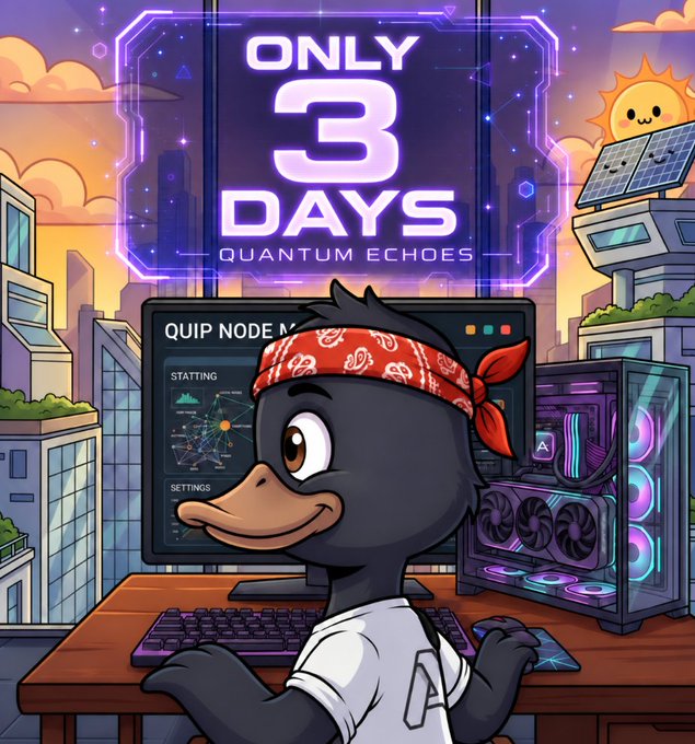 A cartoon duck wearing a red bandana sits at a computer setup with a monitor displaying "QUIP NODE" and a purple PC tower, below a glowing sign reading "ONLY 3 DAYS - QUANTUM ECHOES" against a futuristic cityscape.