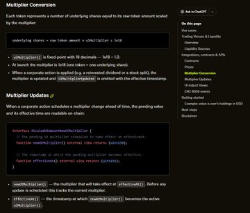 The image shows a documentation page titled "Multiplier Conversion" explaining how each token represents a share scaled by a multiplier, with an `updateMultiplier` function that adjusts pending multipliers when company actions like stock splits occur. This directly supports the post's claim about $STONKBROKER benefiting from real-world dividends and stock splits, as the document details the mechanism through which stock tokens automatically honor these corporate actions via multiplier updates.