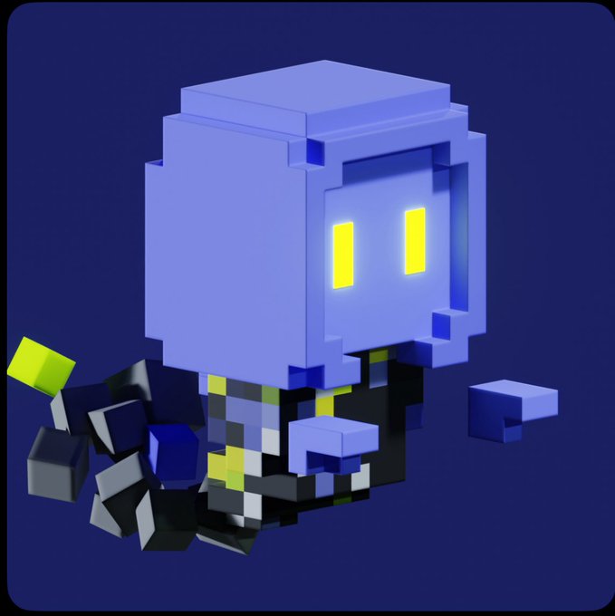 A 3D voxel-style rendering of a blue, blocky character with glowing yellow eyes appearing to break apart into smaller cubes.