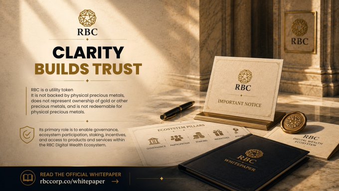 The image showcases a luxurious, classical-style advertisement for the RBC token, featuring an "RBC Important Notice" sign, a whitepaper, and an RBC-branded emblem on a marble surface, accompanied by the bold tagline "CLARITY BUILDS TRUST" and a disclaimer emphasizing that RBC is a utility token, not backed by physical precious metals.