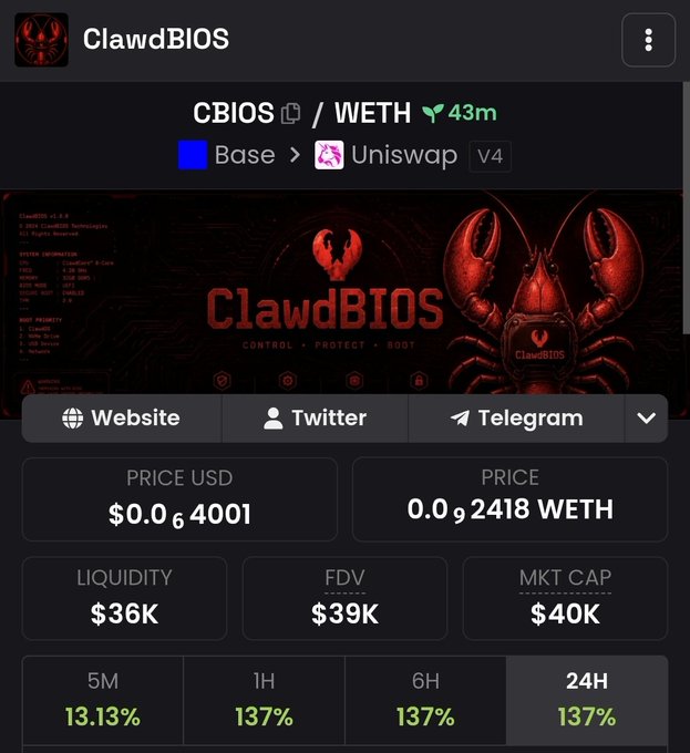 An image of a webpage displaying information about ClawdBIOS. The webpage contains text that says "CLAWDBIOS" followed by the word "WETH", as well as an advertisement for a cryptocurrency named Weth. The price of the currency displayed is $0.43, and it has been trading at 0.28, 0.72, 1.0, and 0.45 hours on MtG cap.