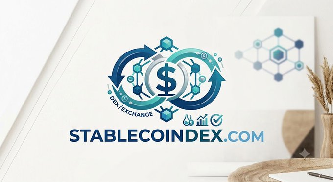 Logo for StablecoinIndex.com featuring a circular design with a dollar sign, arrows, and blockchain elements, with the text 'DEX / EXCHANGE' beneath the icon.