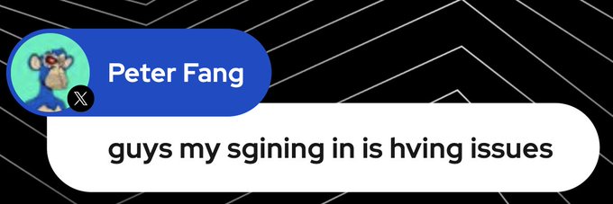 A social media message from 'Peter Fang' displaying the text 'guys my sginng in is hving issues' with a small monkey avatar featuring a red hat.
