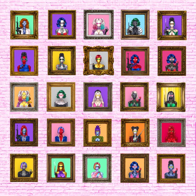 A pink brick wall displays a 5x5 grid of ornate gold frames, each containing a colorful pop-art portrait of a stylized female character, many holding candles or smoking.