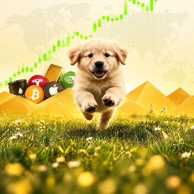 A golden retriever puppy runs through a grassy field with logos for Bitcoin, Apple, and other cryptocurrencies, plus a green rising stock chart over a world map background.
